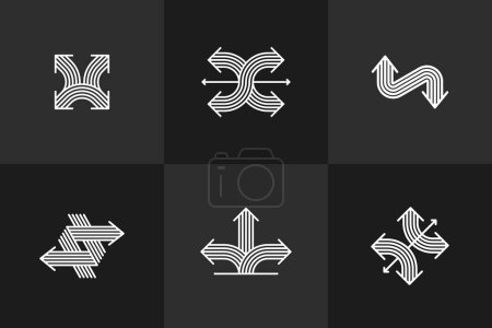 Ilustración de Arrow vector original logos set isolated, pictogram symbol of double arrows dynamic signs collection, linear icons concept. - Imagen libre de derechos