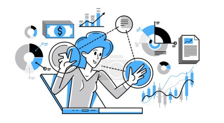 Illustration for Online business and finance consulting vector outline illustration, woman adviser instructor explains lecture on internet, consultant. - Royalty Free Image