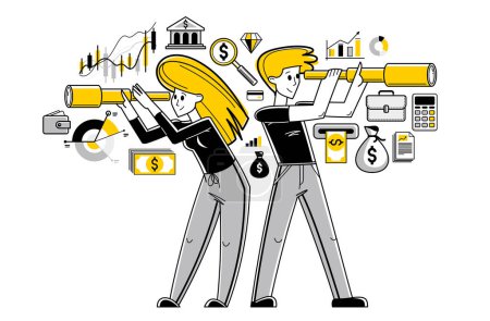 Ilustración de Business team collecting data for analysis and searching for opportunities looking in spyglass telescope vector outline illustration, entrepreneurs analyzes financial chats. - Imagen libre de derechos