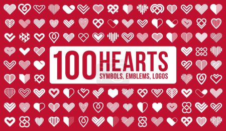 Ilustración de 100 corazones geométricos lineales logos vector iconos o logotipos gran conjunto, diseño gráfico elementos de estilo moderno, el amor cuidado y la caridad colección de símbolos geométricos. - Imagen libre de derechos