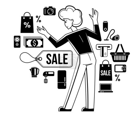 Illustration for Shopping and discount vector outline illustration, store worker managing goods or customer have a big choice and enjoying cheap prices, adviser consultant. - Royalty Free Image