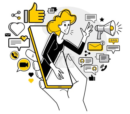 Ilustración de Work in social media, influencer messaging and comment some posts vector outline illustration, support service, work with customers and audience. - Imagen libre de derechos