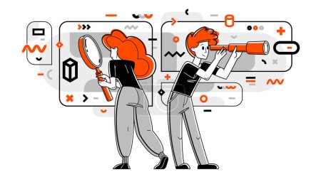 Téléchargez les illustrations : Young people making some inquiry and collecting data for analysis, vector outline illustration, exploration and research for business or science, self-education. - en licence libre de droit