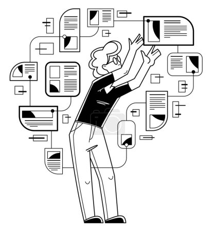 Ilustración de Intellectual worker making analysis of some data on pc or web, data systematization, collecting and analyzing information, vector outline illustration. - Imagen libre de derechos