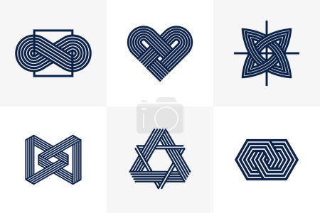 Ilustración de Elementos de diseño gráfico para la creación de logotipos, líneas entrelazadas colección de iconos de estilo vintage, abstracto geométrico lineal símbolos vector conjunto. - Imagen libre de derechos
