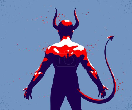 Teufel muskulöser starker Mann mit Hörnern und Schwanz von hinten Vektor Illustration, mächtiger Dämon, das Böse ist stark, Tier Teil der menschlichen Natur, innere Bestie.