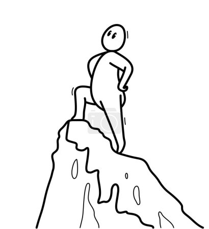 Illustration for Funny cartoon man standing on top peak of a high mountain like a champ vector flat style illustration isolated on white, businessman or employee in success on a top of career. - Royalty Free Image