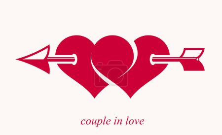 Illustration for Double two hearts with cupid arrow from bow vector icon or logo, wedding and couple concept romantic theme, care and togetherness, two linked hearts connected. - Royalty Free Image
