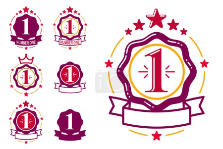 Illustration for First place vector badge awards set, graphic design geometric simple emblems sticker number one collection, business success and victory theme labels, classical style icons. - Royalty Free Image
