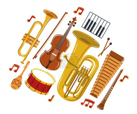 Illustration for Classical music instruments composition vector flat style illustration isolated on white, classic orchestra acoustic sound, concert or festival live sound. - Royalty Free Image
