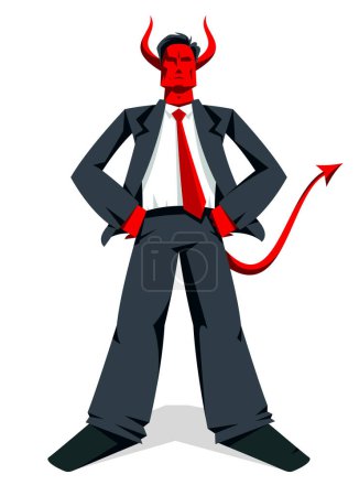 Illustration for Big boss director with horns like demon or devil stands confident serious and angry vector illustration, bad boss despot and tyrant concept, manager in autocratic control. - Royalty Free Image