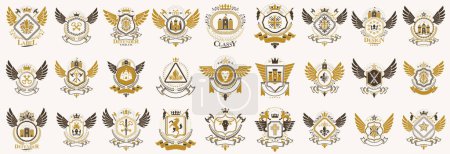 Illustration for Heraldic Coat of Arms vector big set, vintage antique heraldic badges and awards collection, symbols in classic style design elements, family or business logos. - Royalty Free Image