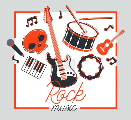 Illustration for Rock music band vector poster flat illustration isolated over white background, hard rock and heavy metal live sound festival or concert flyer or advertising banner, rock n roll musical band playing. - Royalty Free Image