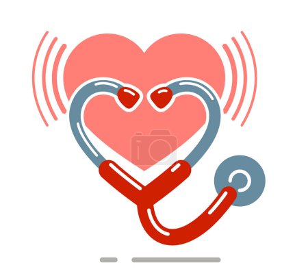 Illustration for Stethoscope with heart vector simple icon isolated over white background, cardiology theme illustration or logo. - Royalty Free Image