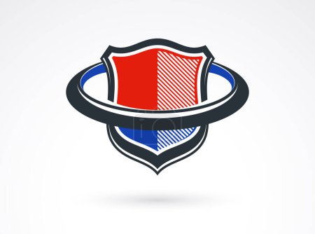 Téléchargez les illustrations : Shield with round shape around it rotating like a loop vector symbol, ring around ammo logo. - en licence libre de droit