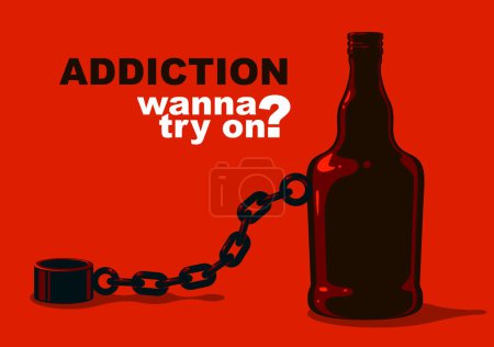 Illustration for Bottle as a weight on shackles chain to leg alcoholism metaphor vector trendy design of social advertising poster or banner, addiction to alcohol bad habits and problems. - Royalty Free Image