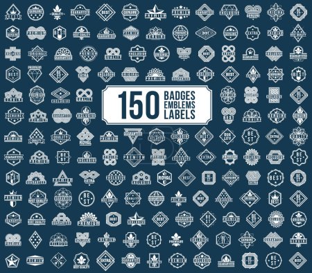 Téléchargez les illustrations : 150 premium best quality vector emblems big set, black and white badges and logos collection for different products and business, classic graphic design elements, insignias and awards. - en licence libre de droit