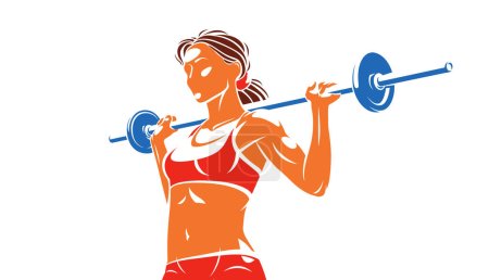 Illustration for Push the barbell gym and fitness vector illustration of a young attractive woman doing workout exercises with a barbell, perfect muscular athletic body young adult girl sport training. - Royalty Free Image