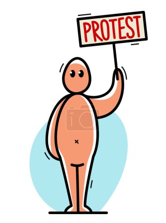 Ilustración de Divertido hombre de dibujos animados que muestra pancarta de protesta en ilustración de estilo plano de vector de mano levantada aislada en blanco, rabia social y concepto de revolución política. - Imagen libre de derechos