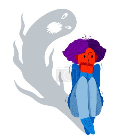 Illustration for Sciophobia fear of shadows vector illustration, girl is scared by her own shadow with imaginary scary face scared in panic attack, psychology mental health concept. - Royalty Free Image