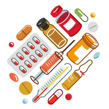 Duży zestaw kompozycji leków wektor płaska ilustracja izolowane, apteka leki apteka butelki i tabletki i ampułki, opieka zdrowotna i uzdrawiania medyczny projekt tematu.