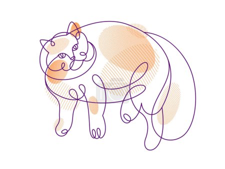 Téléchargez les illustrations : Fat and lazy cat line art vector illustration, linear drawing of pussycat relaxing, minimal outline sketch of cute domestic pet. - en licence libre de droit