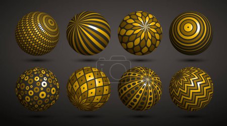Illustration for Realistic golden decorated spheres vector illustrations set, abstract beautiful balls with patterns, 3D globes design concept collection. - Royalty Free Image