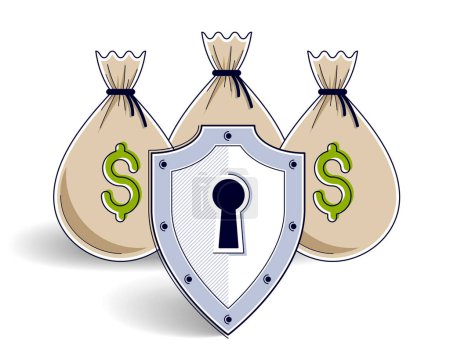 Illustration for Shield over 3 money bags,  financial security concept, business and finance protection, investments credits and deposit banking idea, vector design. - Royalty Free Image