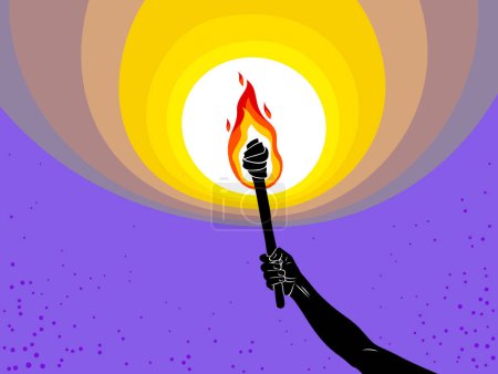 Ilustración de Antorcha en una mano levantada ilumina la ilustración vectorial oscura, Prometeo, llamas de fuego, llevar la luz a la oscuridad, arte alegoría conceptual
. - Imagen libre de derechos