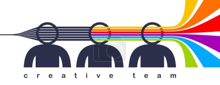Ilustración de Concepto de vector de equipo creativo en estilo de diseño de moda plana, rayas de arco iris colorido sale de cabezas de hombres simboliza ideas creativas y pensamiento, trabajo en equipo. - Imagen libre de derechos