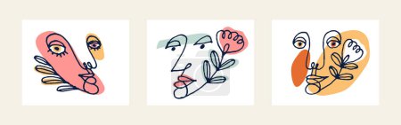Ilustración de Muchacha cara abstracta vector retrato conjunto, abstracción arte mujer cabeza, dibujado a mano mínima obra de arte moderno, pintado abstracción facial humana. - Imagen libre de derechos
