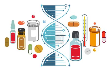 Ilustración de Composición temática médica basada en hebra de ADN con muchos medicamentos e ilustración vectorial aislada, farmacia o biotecnología médica investigación científica. - Imagen libre de derechos