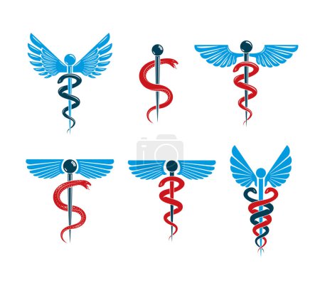 Illustration for Vector winged Caduceus illustrations collection. Pharmacology and healthcare idea emblems. - Royalty Free Image