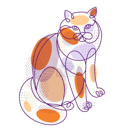 Illustration for Nice cute cat linear vector illustration, line art drawing of pussycat relaxing, artistic outline minimal sketch of fat and lazy cat. - Royalty Free Image