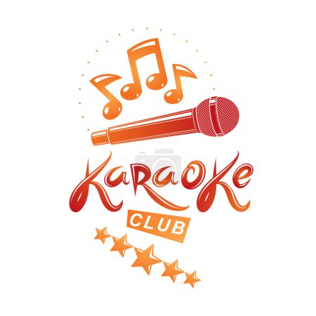 Illustration for Stage microphone audio equipment composed with musical notes, can be used as vector emblem for karaoke club advertising and nightclub discotheque invitation poster. - Royalty Free Image