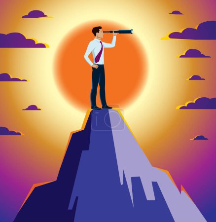 Illustration for Businessman looking for opportunities in spyglass standing on top peak of mountain business concept vector illustration, successful young handsome business man searches new perspectives. - Royalty Free Image