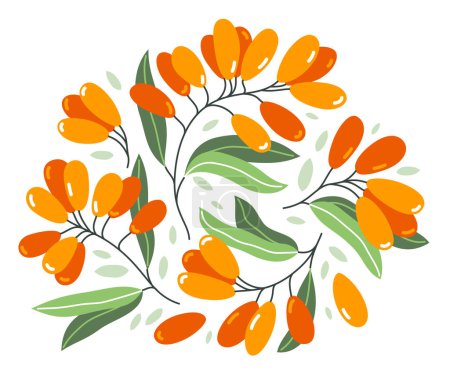 Illustration for Fresh delicious ripe sea buckthorn berries vector flat illustration isolated on white, natural diet food vegetation tasty eating, forest wild berries series. - Royalty Free Image