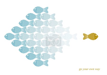 Illustration for Being different or special vector concept shown with funny cartoon fishes and one is another color and swimming another direction, alternative opposition, variety. - Royalty Free Image