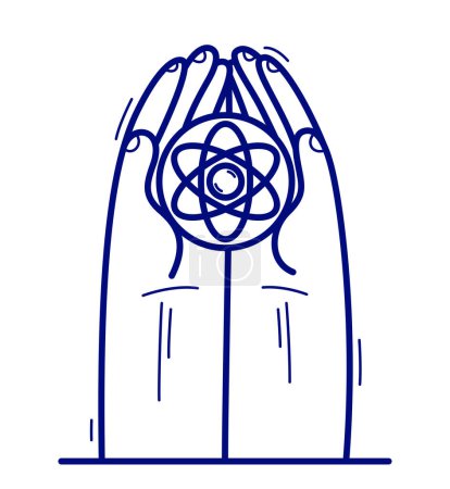 Ilustración de Dos manos con icono de átomo protegiendo y mostrando cuidado vector ilustración de estilo plano aislado en blanco, apreciar y defender para la ciencia y el concepto de investigación, átomo nuclear para la paz. - Imagen libre de derechos