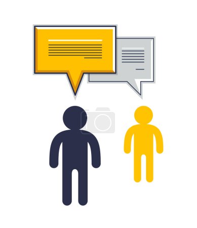 Illustration for Technical support employee and customer asking question inquiry, two man with speech bubbles vector flat design. - Royalty Free Image