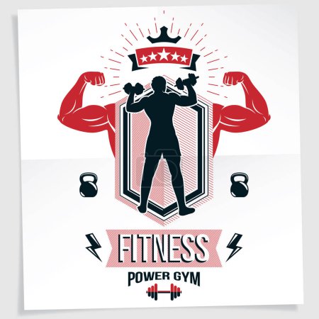Illustration for Bodybuilding championship advertising leaflet composed using vector illustration of muscular athlete holding dumbbells. - Royalty Free Image