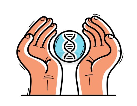 Téléchargez les illustrations : Deux mains avec icône ADN protégeant et montrant vecteur de soins illustration de style plat isolé sur blanc, chérir et la défense de la santé concept, recherche médicale. - en licence libre de droit