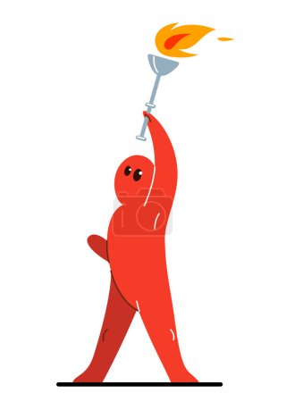 Illustration for Funny cartoon man raising up hand with torch like a champion vector flat style illustration isolated on white, cute and positive small guy drawing or icon. - Royalty Free Image