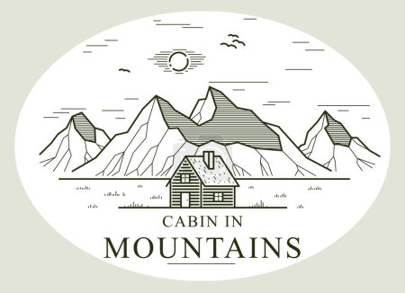 Illustration for Cabin in mountains linear vector nature emblem isolated on white, log cabin cottage for rest, holidays and vacations theme line art drawing logo, beauty in nature, woodhouse resort. - Royalty Free Image