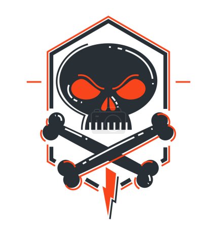 Ilustración de Icono de vector de cráneo de dibujos animados enojado aislado, logotipo o emblema scull tema de la muerte. - Imagen libre de derechos
