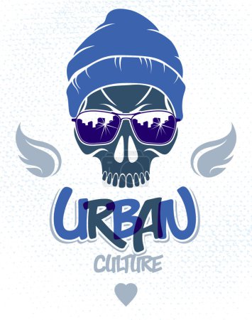 Illustration for Urban culture style skull in sunglasses vector logo or emblem, gangster or thug illustration, anarchy chaos hooligan, ghetto theme. - Royalty Free Image