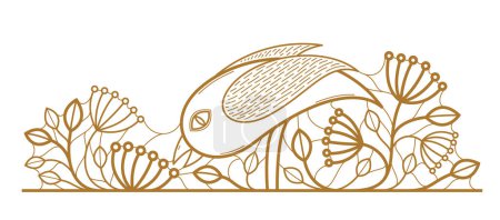 Téléchargez les illustrations : Oiseau sur une branche design vectoriel floral avec des feuilles isolées sur blanc, bannière de style élégant classique ou diviseur de texte pour le design, emblème linéaire vintage de luxe ou élément de cadre. - en licence libre de droit