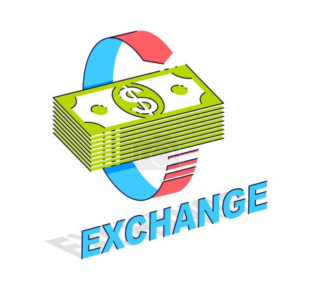 Illustration for Currency Exchange concept, cash money stack with radial loop arrows around. Vector 3d isometric business and finance illustration, thin line design. - Royalty Free Image