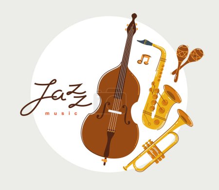 Illustration for Jazz music band poster vector flat illustration, live sound festival or concert advertising flyer or banner, play different instruments orchestra. - Royalty Free Image