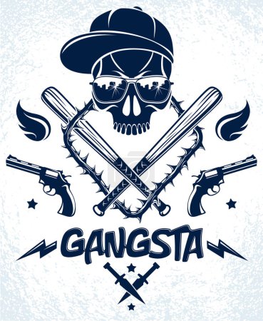 Illustration for Gangster emblem logo or tattoo with aggressive skull baseball bats and other weapons and design elements, vector, criminal ghetto vintage style, gangster anarchy or mafia theme. - Royalty Free Image